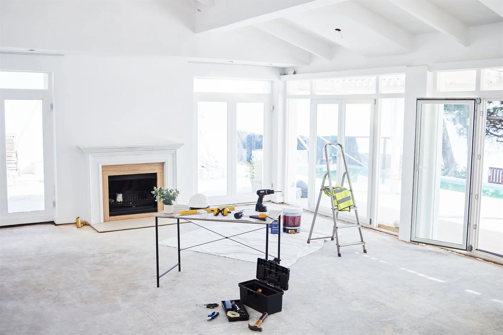 Renovation work in progress with tools and materials indoors
