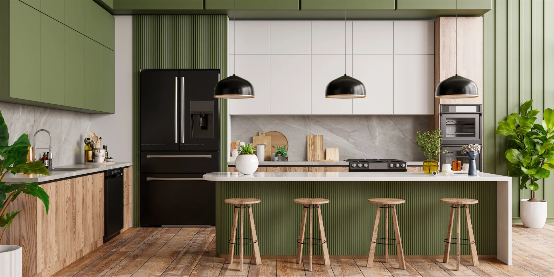 Remodeled kitchen with a large island and green cabinetry