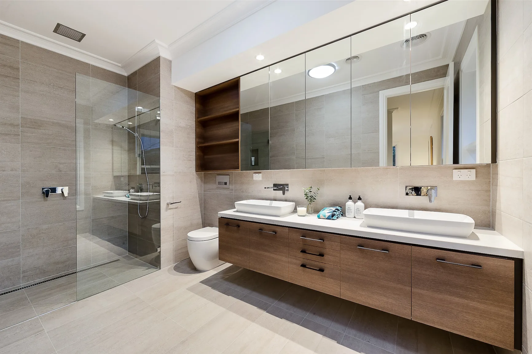 Modern bathroom interior with double sink and shower